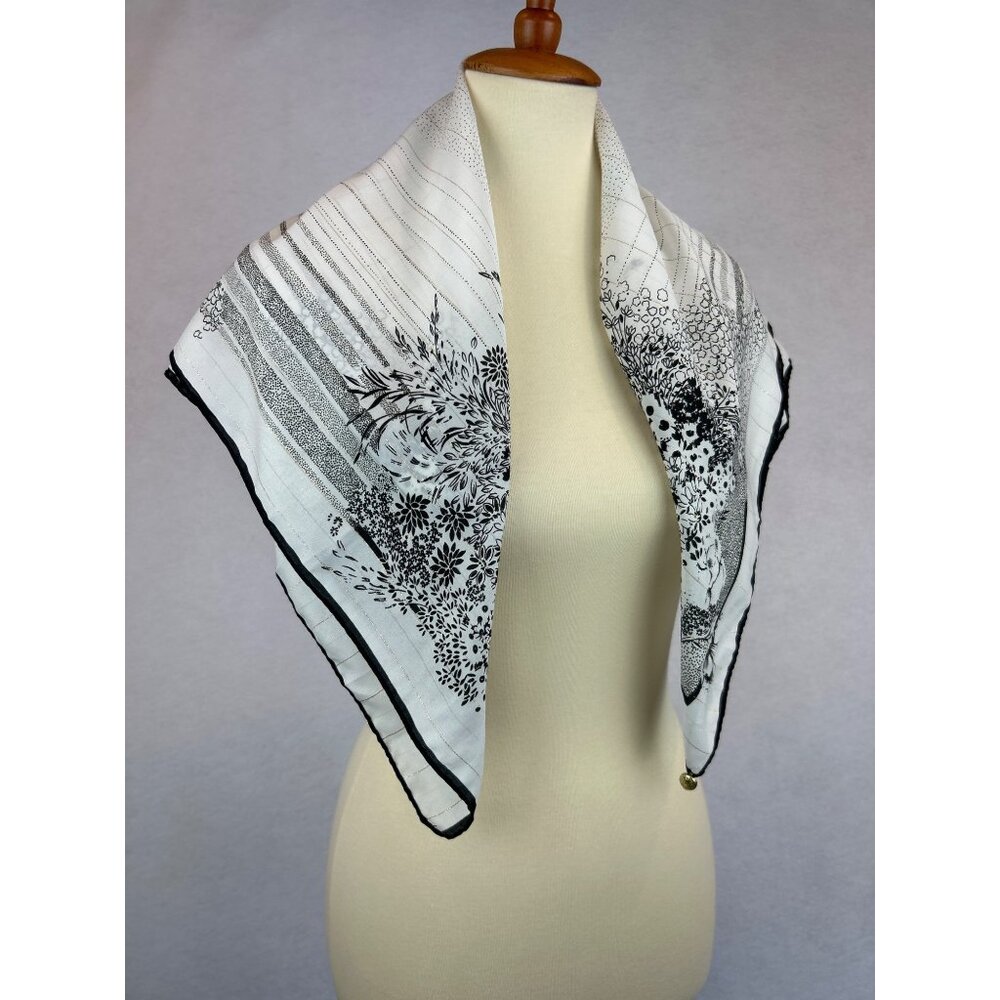 Vintage Olga Greco Paris Floral Scarf Lightweight Metallic Black White Italy - Picture 7 of 9